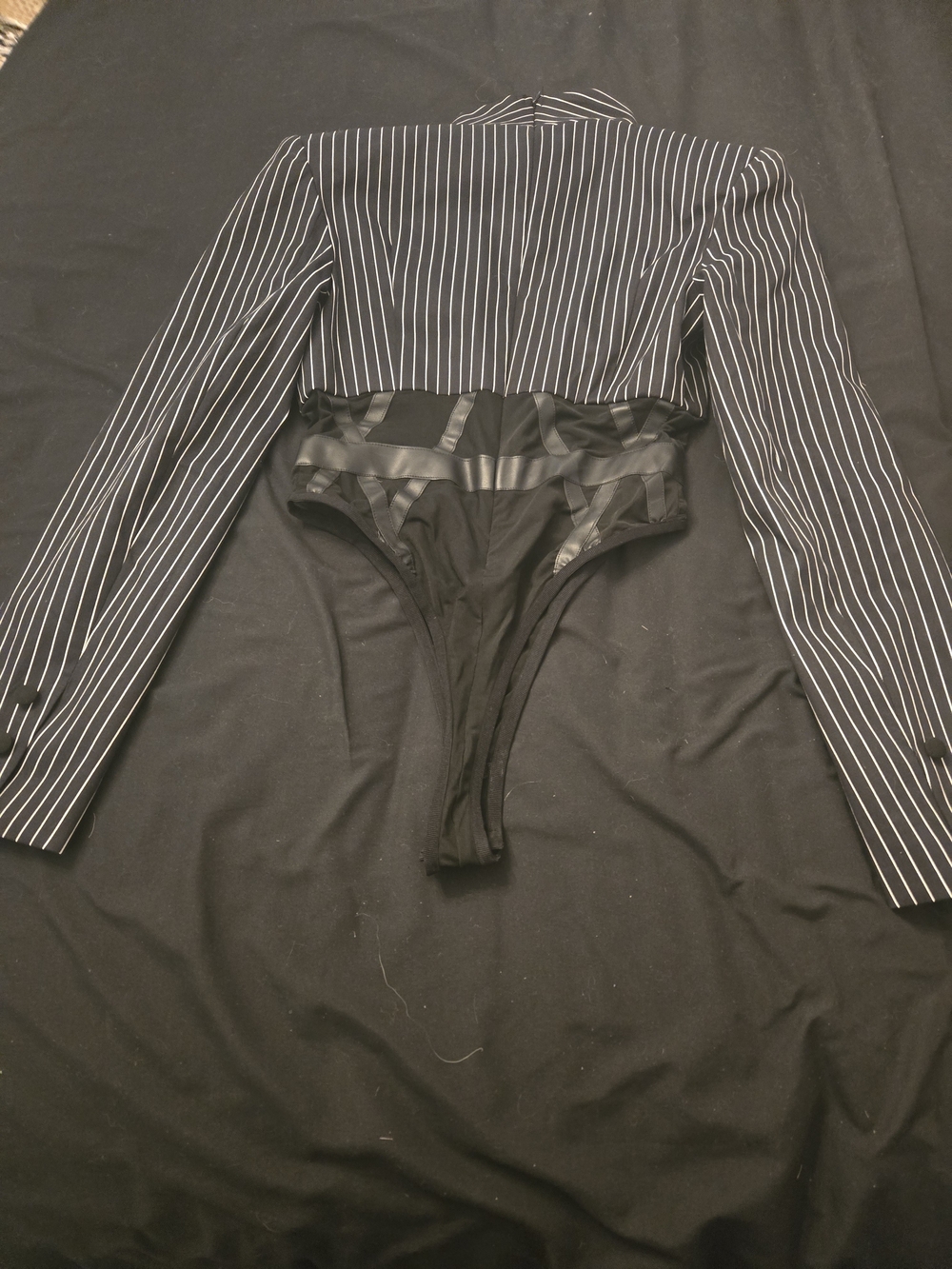 AKIRA Black Pinstripe Long Sleeve Bodysuit with White Spiral Appliqué - Picture 7 of 10